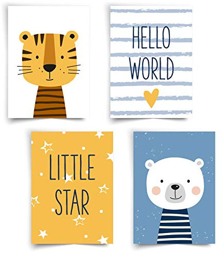 Donari ® - Liebevoll gestaltetes 4er Set Poster für Kinder in A4 - Poster für das Kinderzimmer - Kinderzimmer Deko Junge - Kreatives Geschenk zur Geburt - Babyparty Geschenk