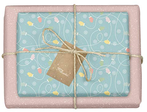 dabelino Geschenkpapier Weihnachten/Winter Handschuhe/Pünktchen - blau, rosa: 4x Bögen + 4x Anhänger Set (Kinder, Erwachsene, nachhaltig, öko, zweifarbig, Weihnachtsgeschenkpapier)
