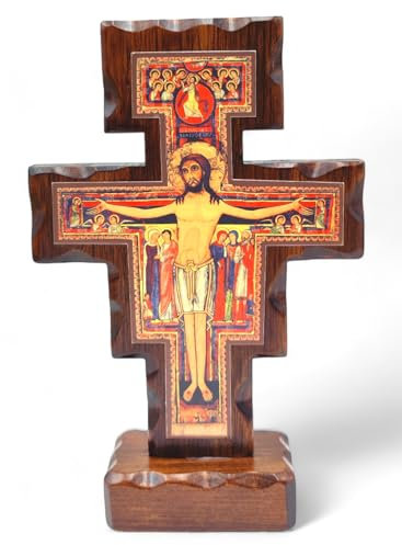 La Balestra Kruzifix San Damiano aus Holz – mit Sockel – hergestellt in Umbria Italien – (21 x 14 cm)