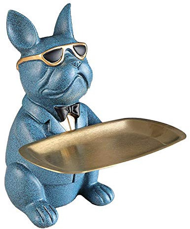 Tubayia Harz Bulldog Statue Skulptur Hundefigur Tablett Kunsthandwerk Dekoration (Blau)