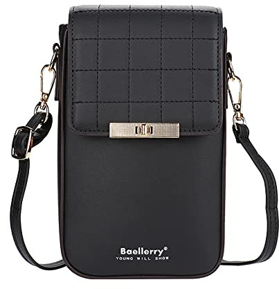 FANDARE Handy Umhängetasche Leder Frauen Brieftasche Schultertasche Handytasche Geldbörse Damen Geldbörse Reisepass Handytasche für Mädchen Einkaufen Schule Reise Phone Crossbody Bag Schwarz