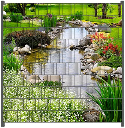 Wallario Zaun Sichtschutz Windschutz für EIN- und Doppelstabmattenzäune in der Größe Breite 2,00m x Höhe 2,00m, Motiv: Blumen am Teich