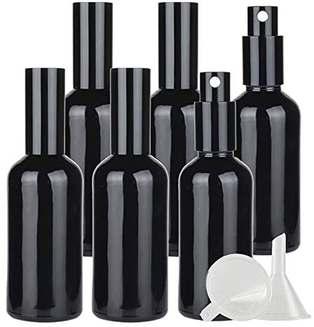 ZEOABSY 6 Piezas 100ml Botella de Negro Brillante Spray de Vidrio & 1 Piezas Embudo, Rociador de liquido, Botella de Spray de Perfume de 100 ml para Viajes y Uso doméstico