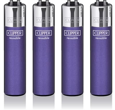 Original Clipper Feuerzeuge Einfarbig 4er Set (z.B. Soft Touch, Crystal, Metalic, solid Fluro) + 1 Clipper DHOBIA Feuerzeug GRATIS (Crystal Rainbow Dunkel Lila)