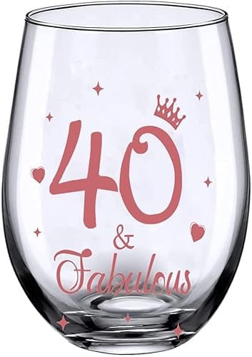 JUWNMANT 40th Birthday Gifts, Men and Women Cheers Wine Glasses, 40th Birthday Party Wedding Anniversary Decor Gift, 17oz Stemless (40 and Fabulous)