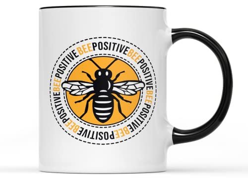 SmartyPants Bee Positive Mug Tea Coffee Cup - Happy Positivity Hive Queen Pollen Keeper Worker Honey Nature Hippy Flower Power Logo Emblem Black Handle Gift Present (Black Handle Prime)