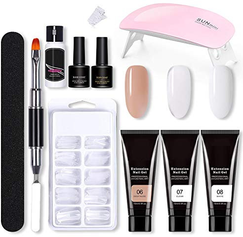 Kit Ongle Gel UV LED - Manicure Set Avec 3 Couleurs 15ml Gel d'Extensions, Base et Top Coat, 100 Faux Ongles, Lime - Kit de Démarrage Nail Art