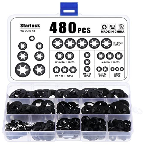 480 Stück Sicherungsscheiben, Innenzahn-Schnellverschluss-Scheiben, Push On Speed Clips Befestigungselemente Sicherungsscheiben Sortiment Kit - 65Mn M3/M4/M5/M6/M8/M10/M12