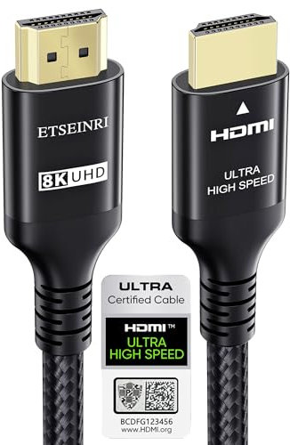 Etseinri Cable HDMI 2.1 0.5 Metros, Certificado 10K 8K 4K Cable HDMI® Ultra Alta Velocidad 1440P@240/165/144/120Hz HDMI Cable Trenzado 48Gbps HDCP 2.3 D-olby Atmos Vision eARC HDR TV Monitor Proyector