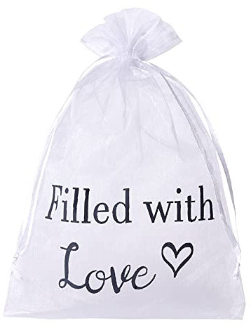 5 transparente Geschenkbeutel mit Text - Filled with love - Organzabeutel mit Kordel, Geschenkverpackung, Hochzeit, Muttertag... (30x20 cm)