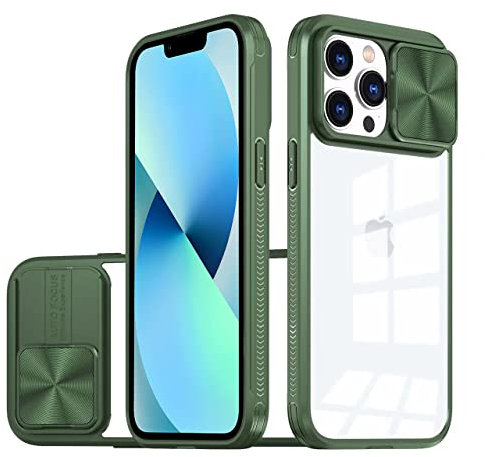 LIUKM Coque Compatible avec iPhone 13, Cache Camera Protection, Étui avec Cache Caméra Coulissante, composé d'un Dos en PC et d'un Cadre en TPU - Vert foncé