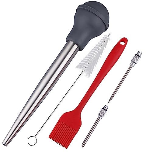 Kalsreui Baster, 18/8 Stainless Steel Turkey Baster Syringe for Cooking, Meat Injector Baster Set with 2 Needles & 2 Cleaning Basting Brush, Baster for Flavor Meat Poultry, Beef&Chicken Grey