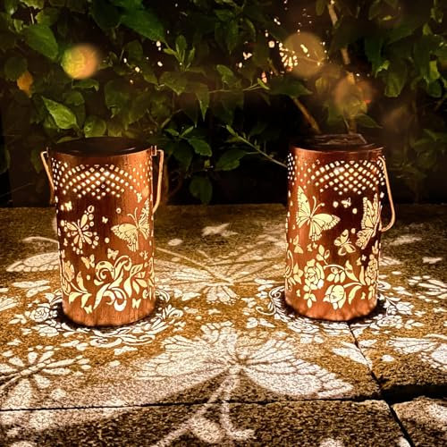 2 Pack Butterfly Solar Lanterns Outdoor Hanging Lantern Lights, Butterfly Hollowed-Out Metal Decor Lantern, Butterfly Garden Decoration for Patio, Yard