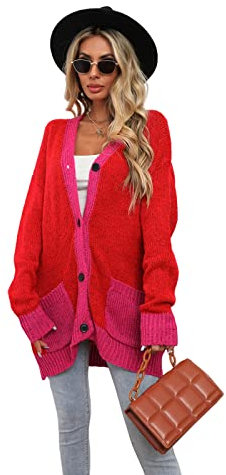 HEYPORK Damen Herbst Winter Warm Bequem Jacke Casual Mode übergangsjacke Mantel Frauen Pullover Nähen Mode Persönlichkeit Strickjacke Jacke Top(Rot, M)