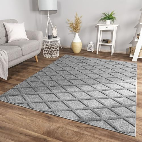 TT Home Wohnzimmer Teppich Esszimmer Kurzflor Skandi Design Rauten Deko 3D Weich, Farbe:Hellanthrazit Grau, Größe:60x100 cm