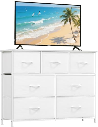 Somdot Kommode Weiß mit 7 Schubladen aus Stoff, Sideboard mit Holzplatte, Schrank für Wohnzimmer Kinderzimmer Flur, Komodenschrank, Küchenschrank, Schlafzimmerschrank