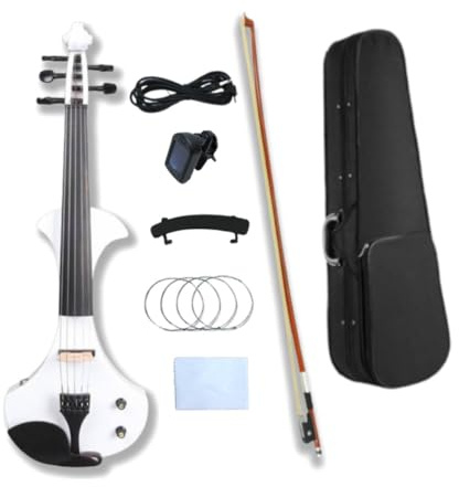 WUQIMUSC Violín eléctrico, cuerpo de madera maciza, accesorios de ébano, sintonizador agradable, pasiva pasiva con arco, bolsa de estuche (blanco-5 cuerdas)