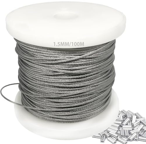 1.5mm 304 Wire Rope Stainless Steel Wire Cable 100m Length 7x7 Cross Section 180kg Breaking Load stainless steel cable with 100 Pcs Aluminum Crimping Clamps Loop Sleeve (Diameter: 1.5mm Length: 100m)