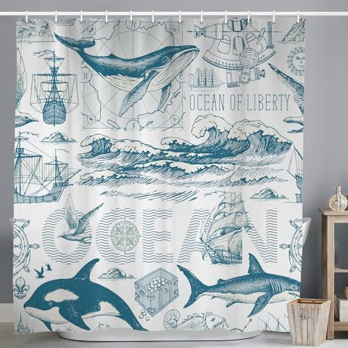 ASDCXZ Rideau de Douche Maritime 180x180 cm, Voilier Nautique Maritime Boussole Animaux Marins Poulpe Requin Lavables Textile Rideau de Bain imperméable pour Baignoire avec 12 Crochets