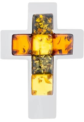 BEM Kreuz Anhänger aus 925 Silber mit Bernstein