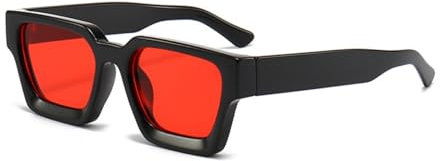WDZAYXC Vintage Rechteckige Sonnenbrille für Damen Herren Chunky Rectangle Sunglasses Retro Brille UV400 Schutz(Schwarz Rot)