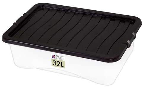 Neat. Plastics 32L Storage Box, Clear Base, Black Lid - Organise Easily with Plastic Storage Box with Lid, Ideal Clear Boxes for Storage, Durable Plastic Boxes with Lids Storage, Pack of 1