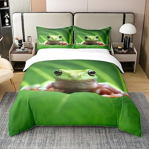 Loussiesd Frosch Bettbezug Set Baumwolle für Schlafzimmer Kawaii Decor 100% Baumwolle Bettwäsche Set 135x200cm für Kinder Tropisch Amphibian Betten Set Teens Tier Drucken Grün Bettwäsche-Set