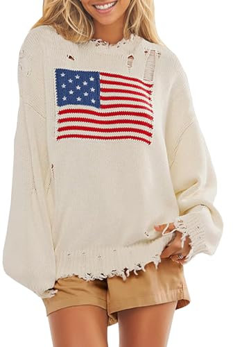 Antinson Damen-Pullover mit amerikanischer Flagge, lässig, gerippt, Rundhalsausschnitt, langärmelig, Strickpullover, aprikose, M