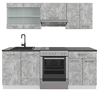 Vicco Küchenzeile R-Line, Küchenblock, Beton/Weiß, 200 cm, AP Anthrazit