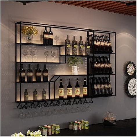 Portabottiglie Da Parete Con Porta Calici,Porta Bottiglie Di Vino Con Luce LED,Portabottiglie Industriale Da Parete Con Portabicchieri Da Vino,Scaffale Vino Per Bar Cucina Sala Da Pranzo E Cantina