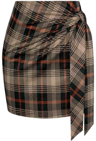Kate Kasin Damen Rock Hohe Taille Elastische Wickelhalbrock Karo Kurze Röcke Minirock Freizeitrock Elegant Mini Short Skirt Khaki Grid S