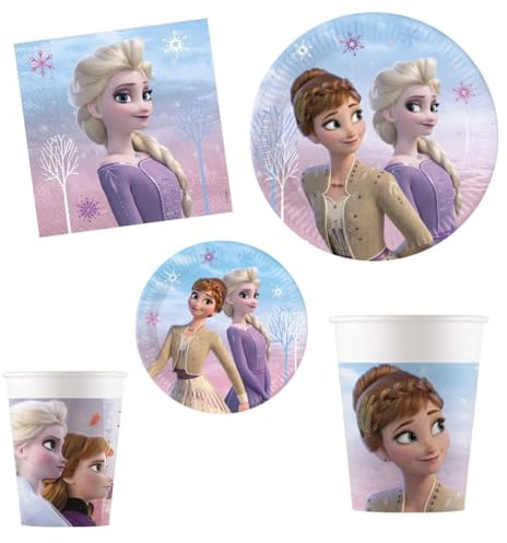 Kit Party Tavola realizzato per Disney Frozen II Wind Spirit per 16 persone (52 pezzi: 16 piatti Ø23cm, 16 bicchieri ml 200, 20 tovaglioli)