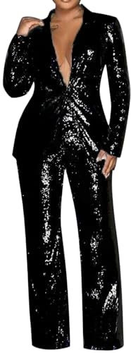 Pailletten-Hosenanzug Damen Festlich Elegant 2 Teilig Hochzeit: Zweiteiler Damen Elegant Festlich Mit Hose Festliche-Hosenanzüge Blazer-Jacke Anzughose Glitzer-Abendanzug Für Hochzeit, Abend, Party