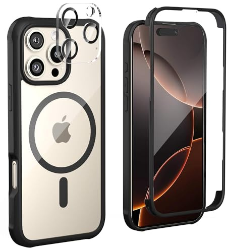 Kompatibel mit Magsafe iPhone 16 Pro Max Hülle 360 Grad Schutz Schwarz | Ganzkörper Schutzhülle mit Eingebauter Panzerglas Displayschutz Stoßfest Handyhülle für iPhone 16 Pro Max 6.9