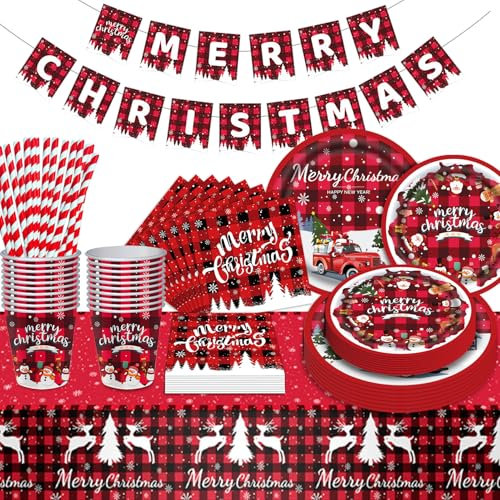 Christmas Party Supplies Tableware Set Christmas Plates and Napkins Tablecloths Ribbons Merry ChristmasBanners, For Dinner Party Decorations