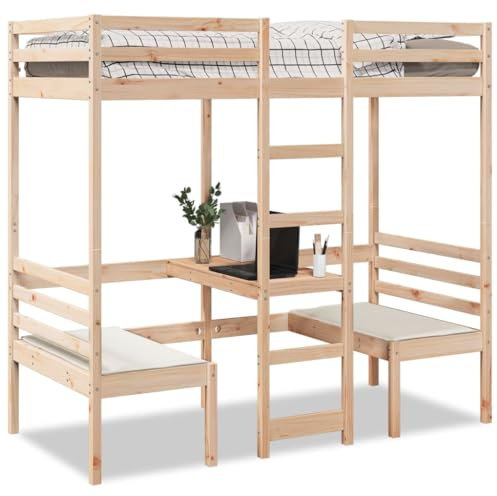 Brokky Loft Bed Frame with Desk and Chairs 75x190cm Solid Wood Pine-Bunk Bed Frame with Ladder/Headboard and Footboard,Mattress Foundation,Under Bed Storage