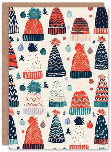Wee Blue Coo Colourful Knit Winter Hats and Baubles Fun Xmas Art Blank For All Christmas Card