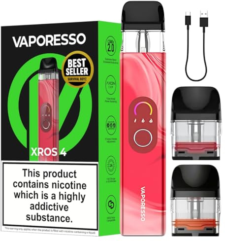 Vaporesso Xros 4 Vape Kit [Bloody Mary] - [10 COLOURS] - 1000mAh Battery, 2A Fast Charge (30 Min), 30W Output, Triple Power Levels, Anti-Leak - Works with XROS Pods - No Nicotine