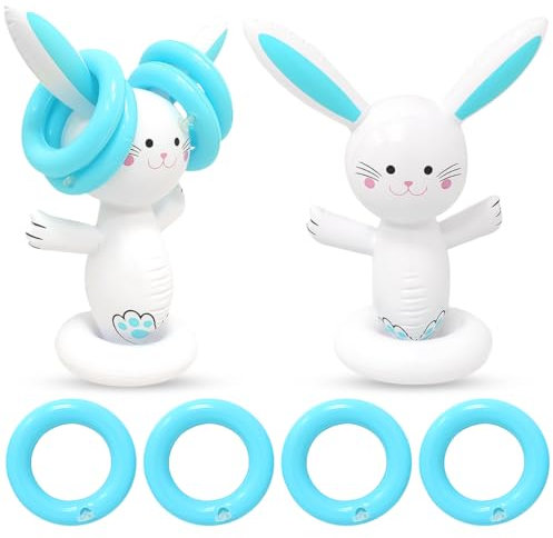 5 Stück Aufblasbare Hasen Ringwurfspiel Kinder, Osterhase Wurfspiel Partyhüte, Aufblasbares Ring Wurf Spiel Set für Ostergeschenk Outdoor Gartenspiele