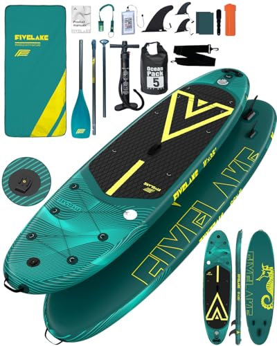 FIVELAKE Stand up Paddling Board Aufblasbare SUP Board,335 x 88 x 15 Extra Breit Standup Paddle Board Con Cam Halterung,3 Finnen,Verstellbares Paddel,Komplettes Zubehör (grün)