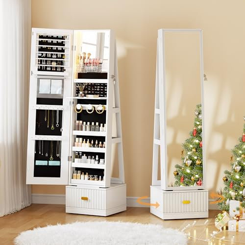 Gurexl Jewelry Cabinet with Storage, 63 Full Length Mirror Standing with Wheels, Rotating Jewelry Mirror Organizer with 3 LED Lights, Lockable Jewelry Armoire with Fluted Drawer, White