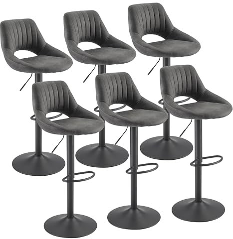 Zouron Tabouret de Bar Vintage Lot de 6, Tabouret Bar Industriel en Similicuir, Hauteur Réglable et Pivotant 360°,Chaise de Bar avec Repose-Pieds,Chaise de Cuisine,Grand siège (54.5 * 50.5cm),Gris