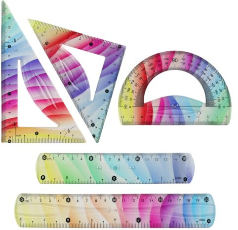 SacJkt Righello Flessibile, Kit Geometria, 5 Pezzi Multicolore con Squadra - Strumento Ideale per Studenti, Insegnanti, Ingegneri e Disegnatori （Set 20 cm + Blau 15 cm）