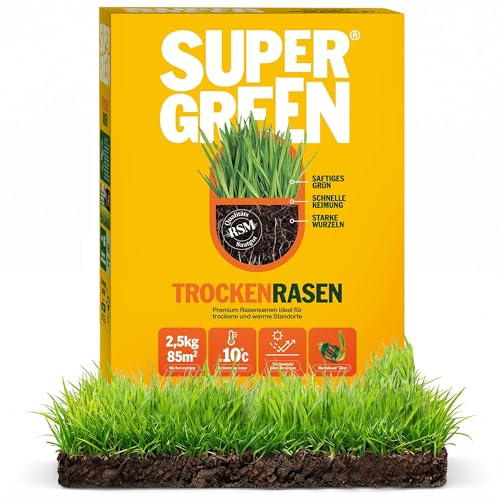 SUPERGREEN Trockenrasen Rasensamen | 2,5kg | Premium Saatgut für sonnige & trockene Flächen | Schnellkeimend, wassersparend & robust | RSM Qualität & Mantelsaat® Vital | Dicht & sattgrün