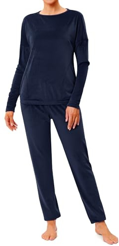 Wayleb Pigiama Donna Invernale Due Pezzi in Pile con Top Girocollo Spalla Scesa e Pantaloni del Pigiama con Coulisse, Blu Navy -A, M