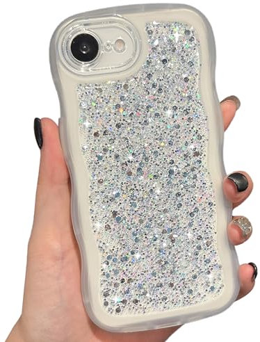 ZTOFERA Wavy Case for iPhone SE/8/7 (4.7), Cute Girly Clear Curly Wave Frame Bling Glitters Shiny Sequins Aesthetic Phone Case Soft TPU Lightweight Shockproof Bumper Protective Cover - White