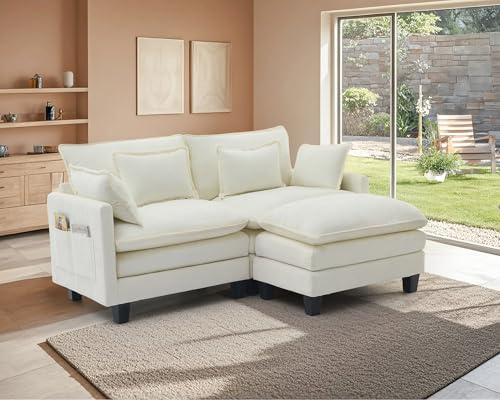 ZRNINR L-förmiges modulares Ecksofa mit Ottomane, 3-Sitzer-Sofa mit tiefer Sitzfläche, bequemes Wolkensofa mit Kissen, modernes Sofa für Wohnzimmer, Schlafzimmer, Wohnung, Büro (194CM, Beige)
