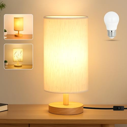 EZIYIN Lámpara de escritorio con bombilla LED incluida, pequeña lámpara de mesita de noche enchufable, base de madera clásica con pantalla de tela de lino, lámparas para mesitas de noche, luz simple