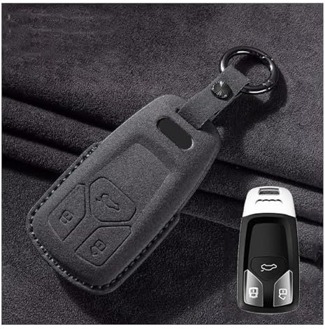 HIBEYO Wildleder Schlüsselgehäuse Passt für Audi A4 B9 A4L A5 A6 A6L S4 S5 S7 8W Q7 4M TT TTS RS TFSI keyless Fernsteuerung Autoschlüssel hülle Schutzhülle mit Schlüsselbund zubehör-C Schwarz