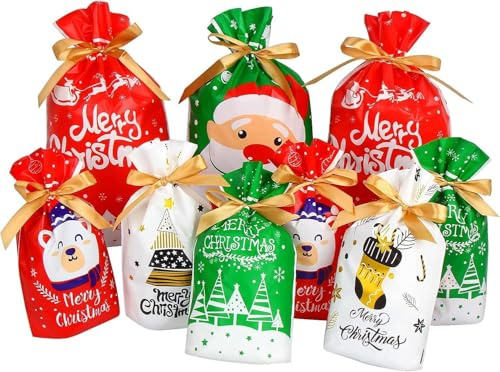 VEYLIN 34 Stück Weihnachtssäckchen mit Kordelzug – 6 Motive in 2 Größen – Wiederverwendbare Verpackung für Geschenke & Festtage
